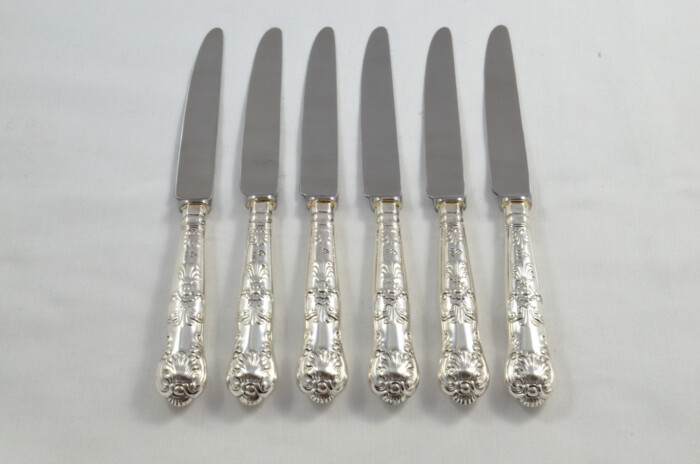 Antique Set of 6 Dessert Sterling Silver Knives Queens Pattern 1973