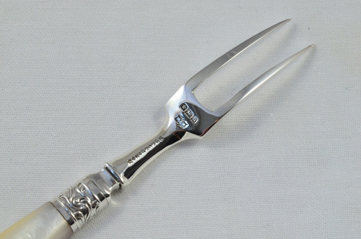 Boxed Mappin & Webb Solid Silver & Silver Ferruled Mother Of Pearl Handled Olive Fork Sheffield 1912 - Image 6