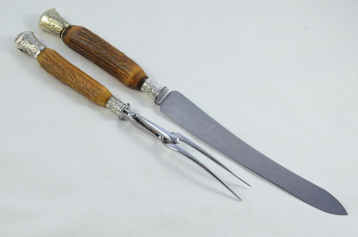 Amazing Mappin & Webb 7 Piece Stag Handled Silver Capped & Ferruled Carving Set Made in Sheffield 1892 - Image 12