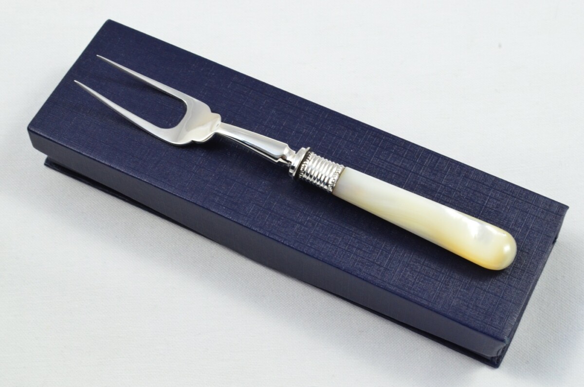Boxed James Dixon Solid Silver Mother Of Pearl Handled Olive Fork Sheffield 1909