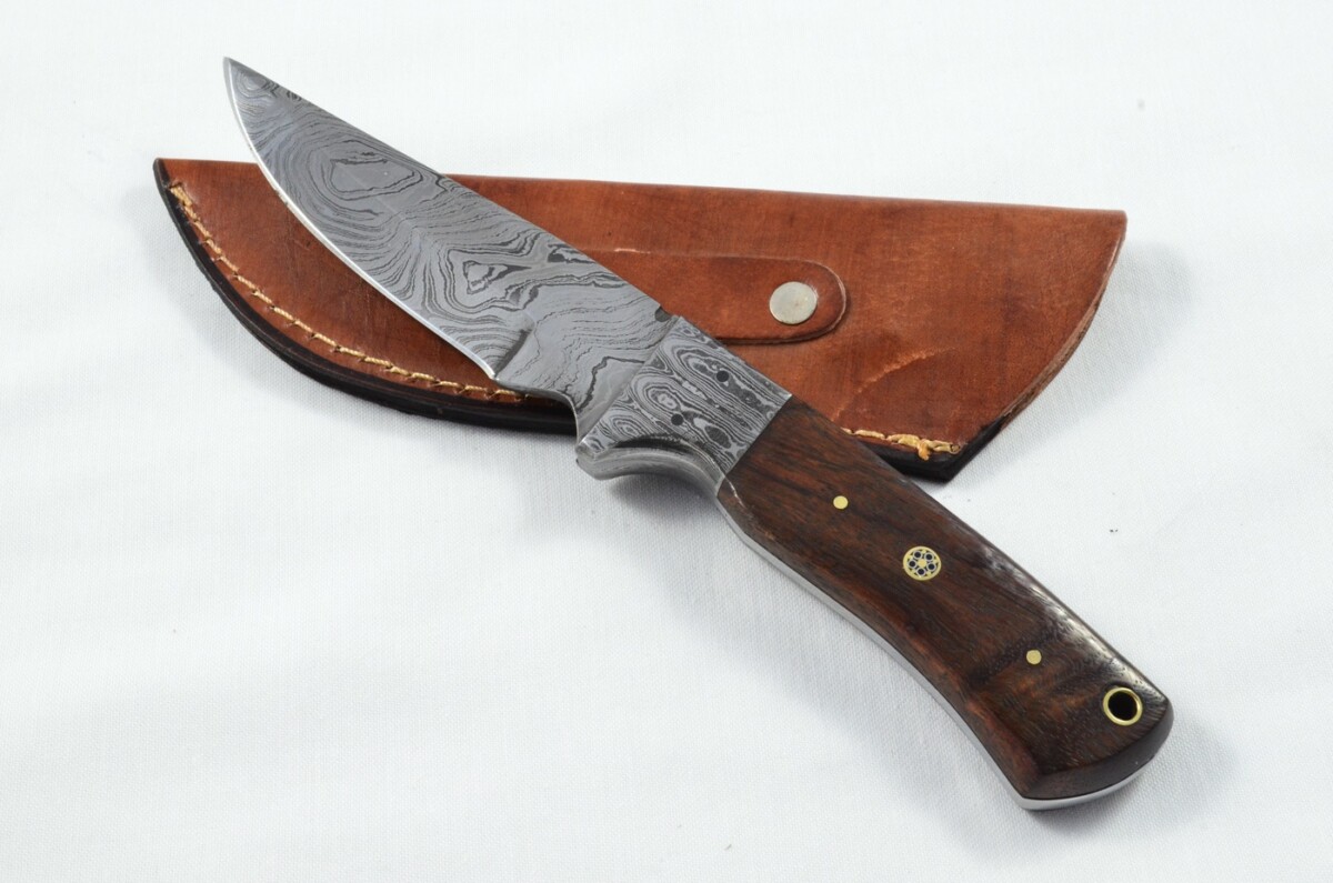 A Brand New Ladder Pattern Damascus Steel Bowie Knife with Bubinga Wood Scales