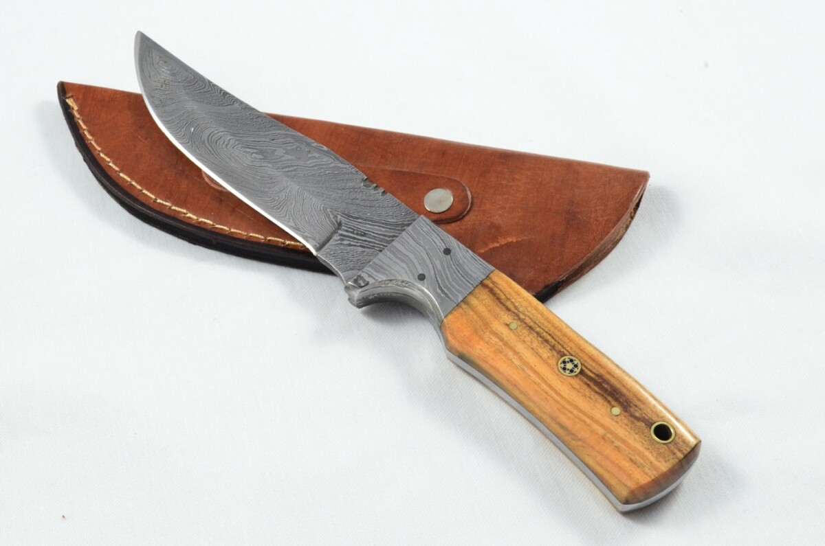 A Brand New Ladder Pattern Damascus Steel Bowie Knife with Olive Wood Scales