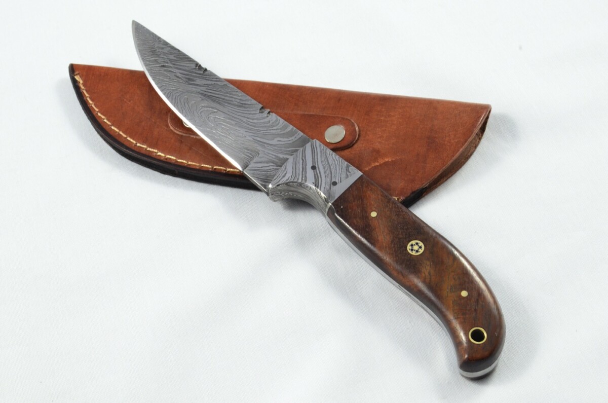 A Brand New Ladder Pattern Damascus Steel Straight Hunting Knife with Rosewood Scales