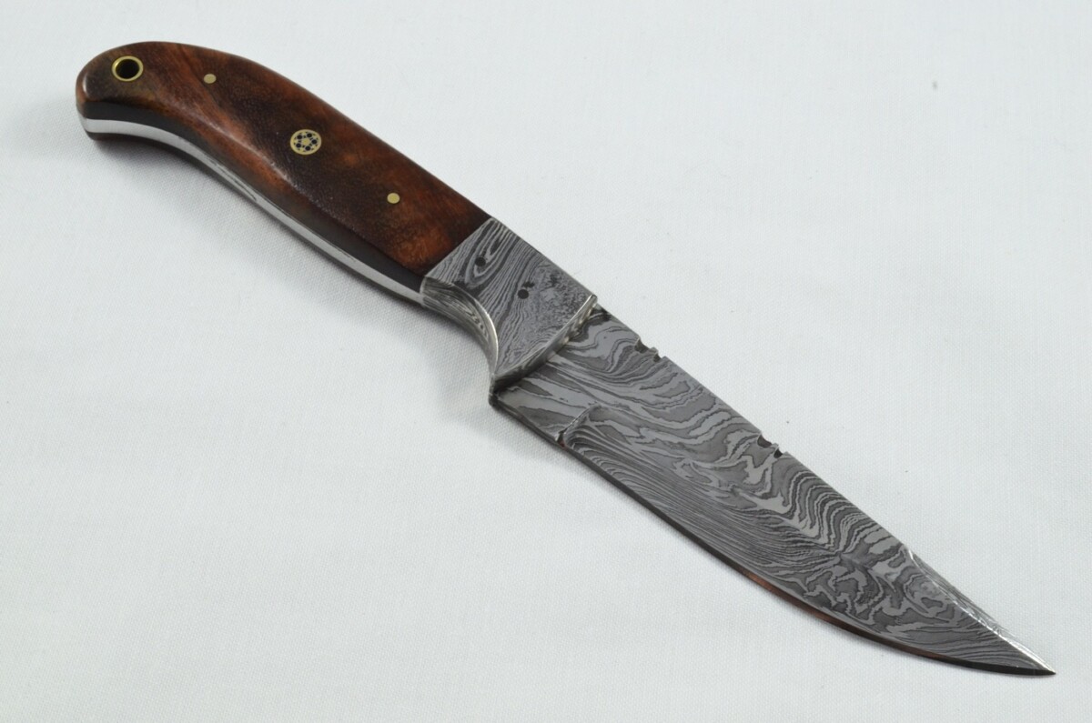 A Brand New Ladder Pattern Damascus Steel Straight Hunting Knife with Rosewood Scales - Image 5