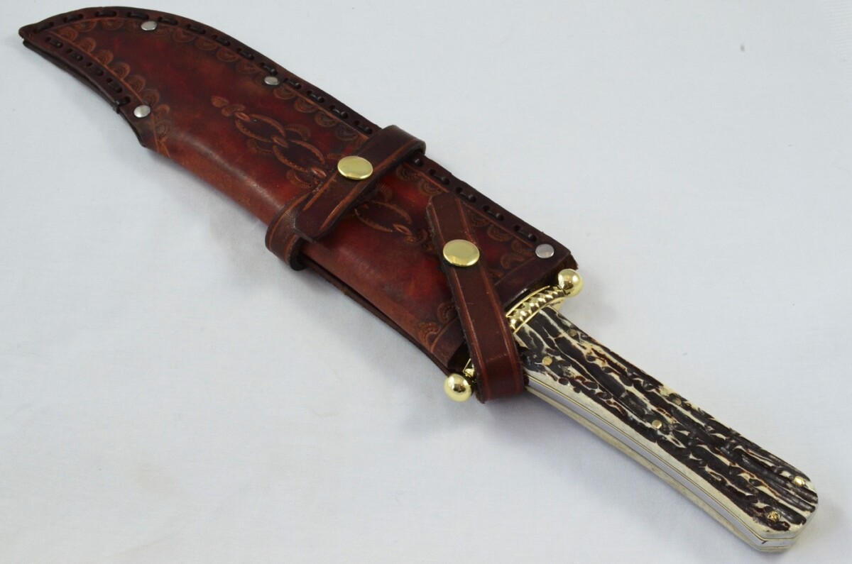 Large 9.25" Bladed Genuine Sheffield Bowie Knife with Leather Sheath - Imitation Stag Scales - Image 6