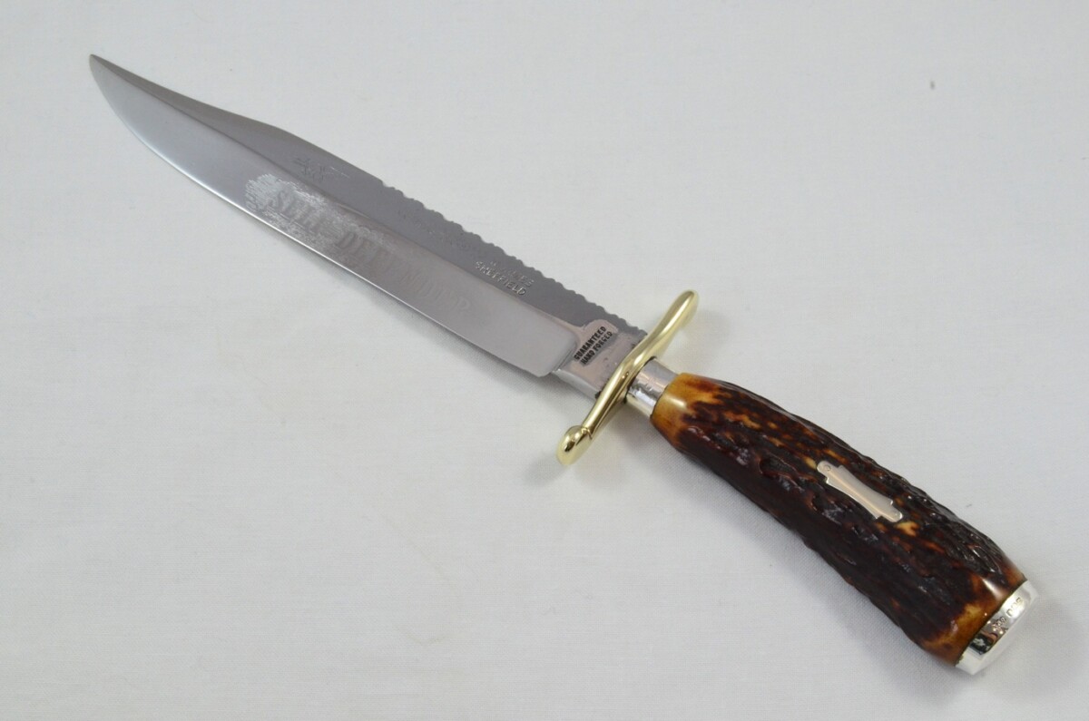 RARE Fred James 'SELF DEFENDER' Hand Forged Sambar Stag Handled Bowie Knife Silver Cap & Ferrule 1929 - Image 2