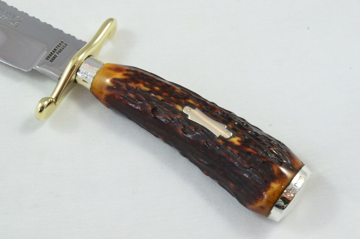 RARE Fred James 'SELF DEFENDER' Hand Forged Sambar Stag Handled Bowie Knife Silver Cap & Ferrule 1929 - Image 4
