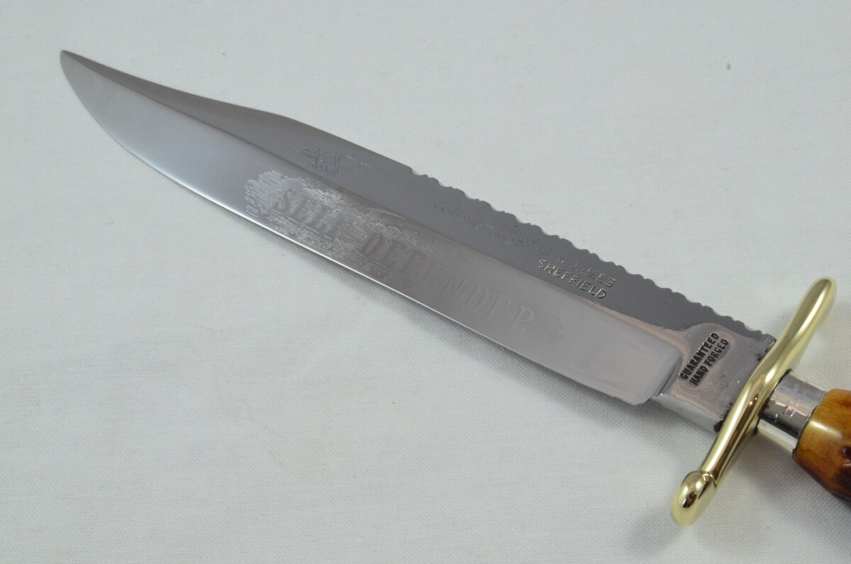 RARE Fred James 'SELF DEFENDER' Hand Forged Sambar Stag Handled Bowie Knife Silver Cap & Ferrule 1929 - Image 3