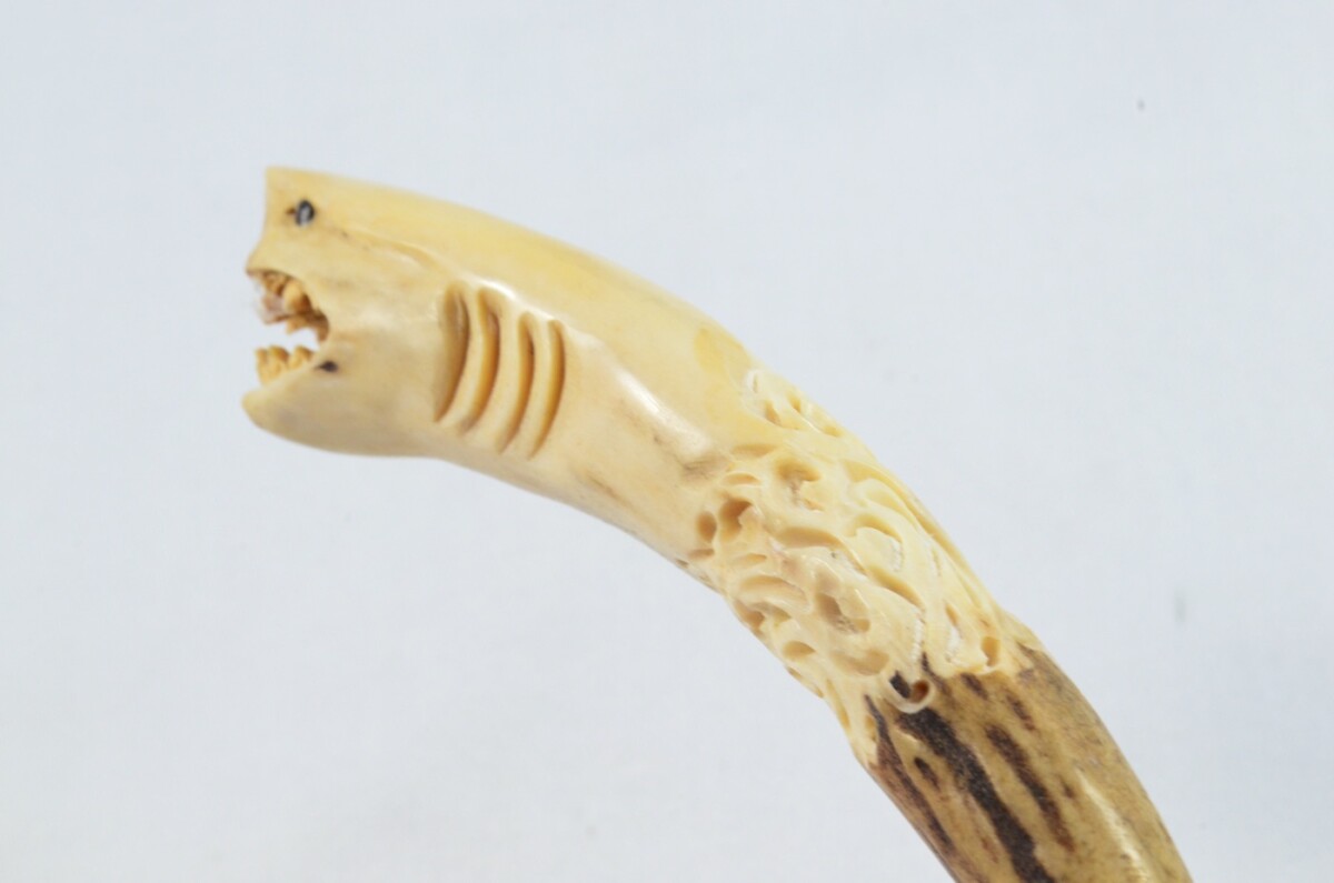Shark Carved Walking Stick Cane Top Handle Stag Antler Horn Made Sheffield England