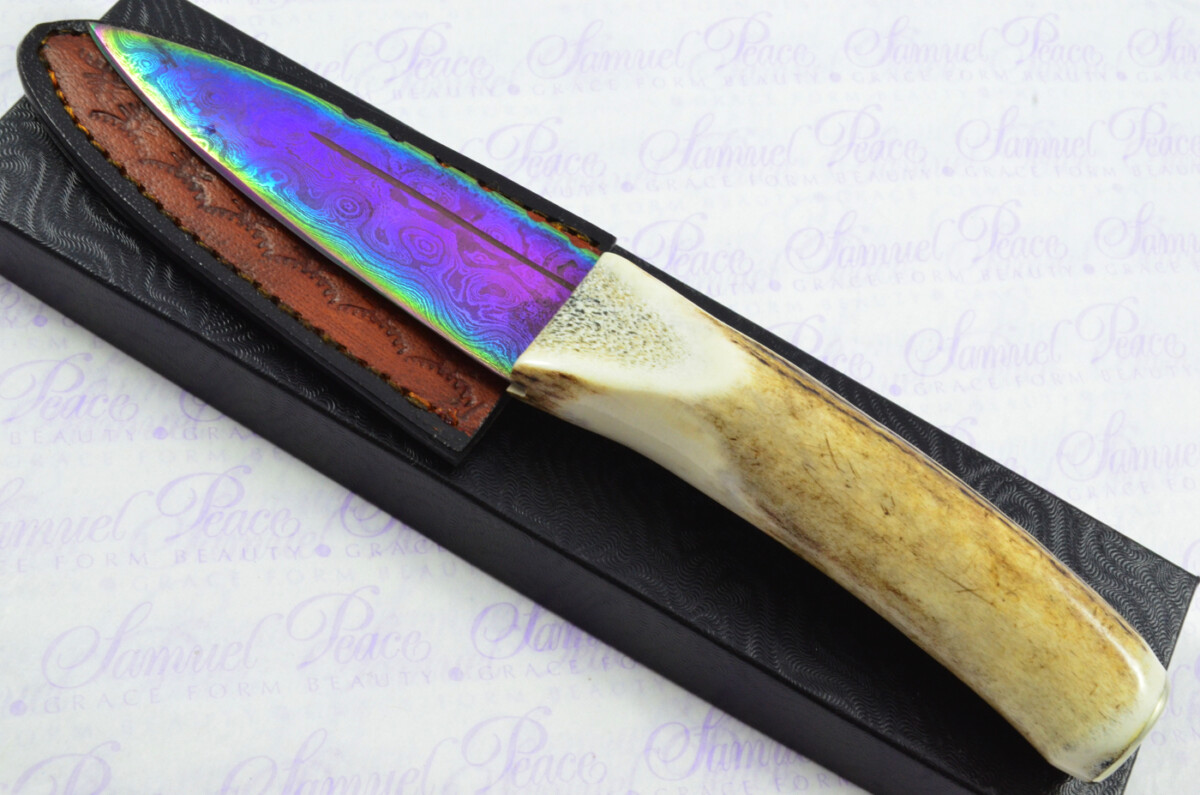 A Natural Genuine Heat Treated Damascus Steel Stag Horn Antler Handle Sgian Dubh Sheffield England