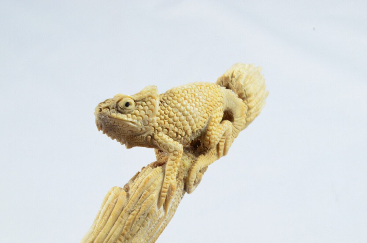 Carved Iguana Walking Stick Cane Top Handle Stag Antler Horn Made Sheffield England - Image 2