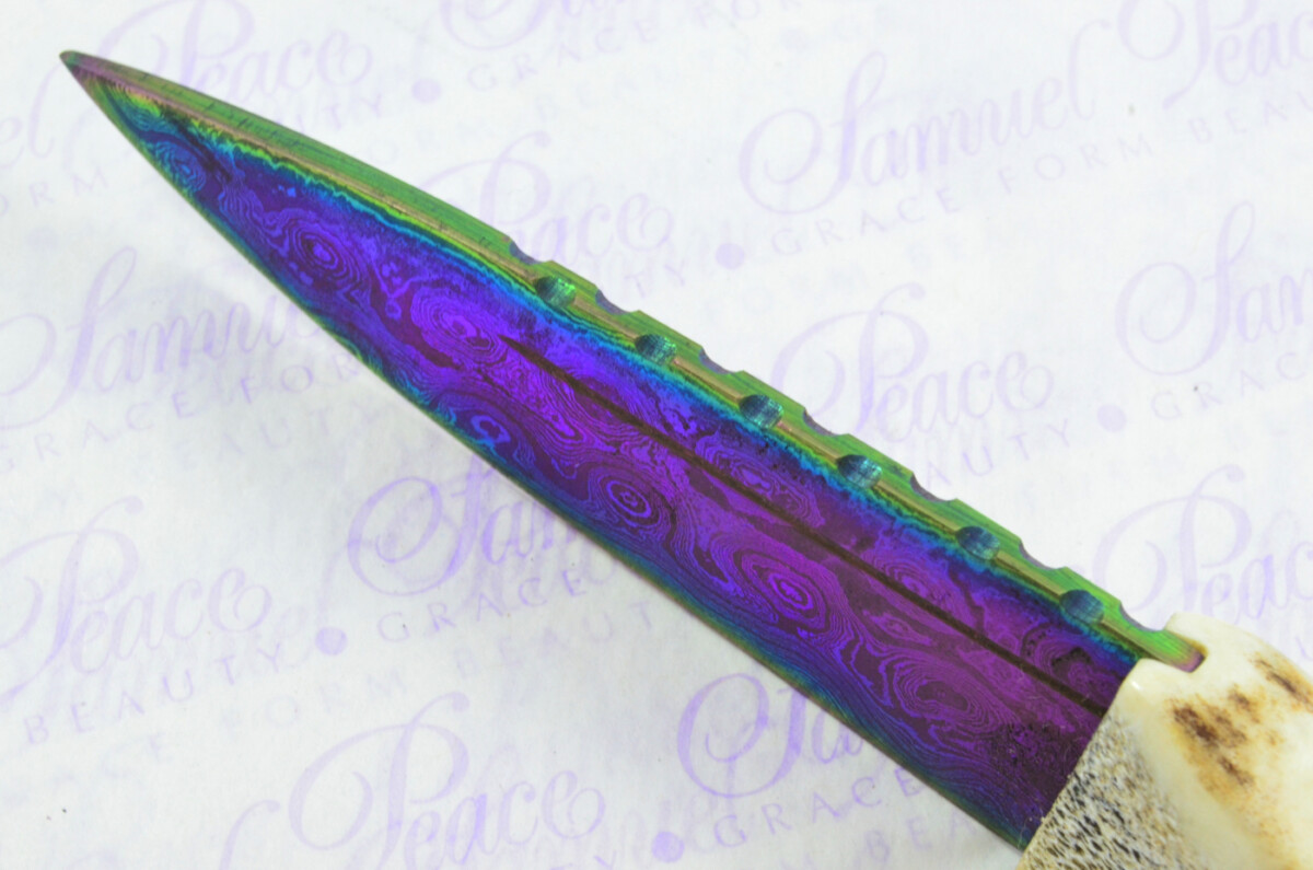 A Natural Genuine Heat Treated Damascus Steel Stag Horn Antler Handle Sgian Dubh Sheffield England - Image 7