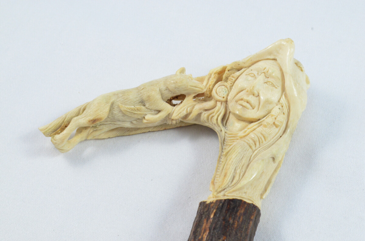 American Apache Carved Walking Stick Cane Top Handle Stag Antler Horn Made Sheffield England