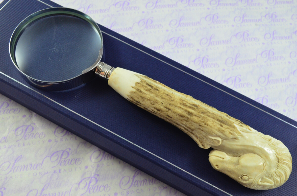 Fantastic Hand Carved Horse Stag Antler Horn Handle Magnifying Glass Silver Ferrule 1909 Made Sheffield England