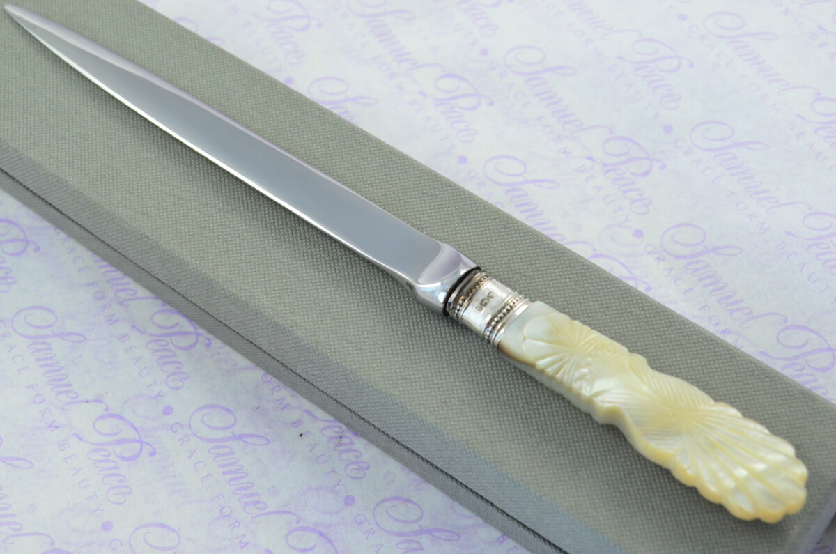 John Yates Carved Mother of Pearl Handled Letter Opener Sheffield 1928 Cased