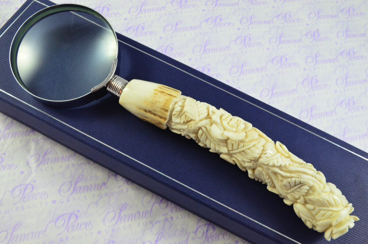 Fantastic Hand Carved Rose Stag Antler Horn Handle Magnifying Glass Silver Ferrule 1911 Made Sheffield England