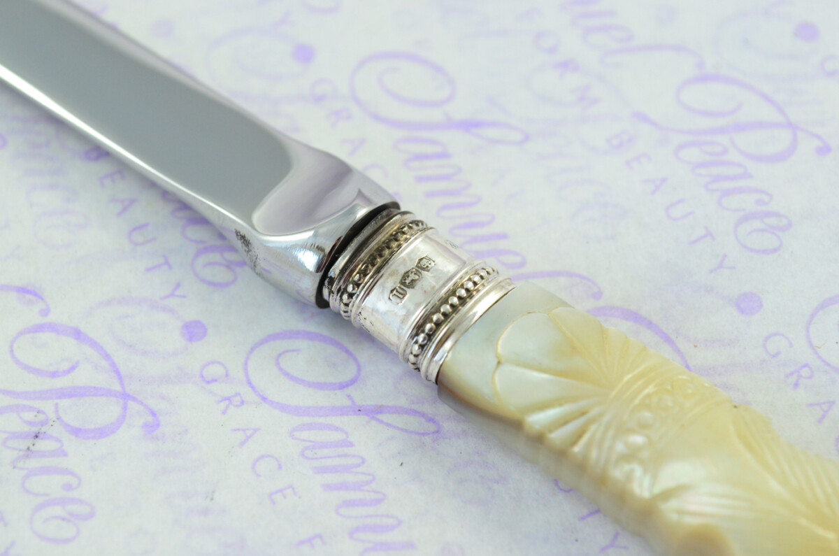 John Yates Carved Mother of Pearl Handled Letter Opener Sheffield 1928 Cased - Image 4