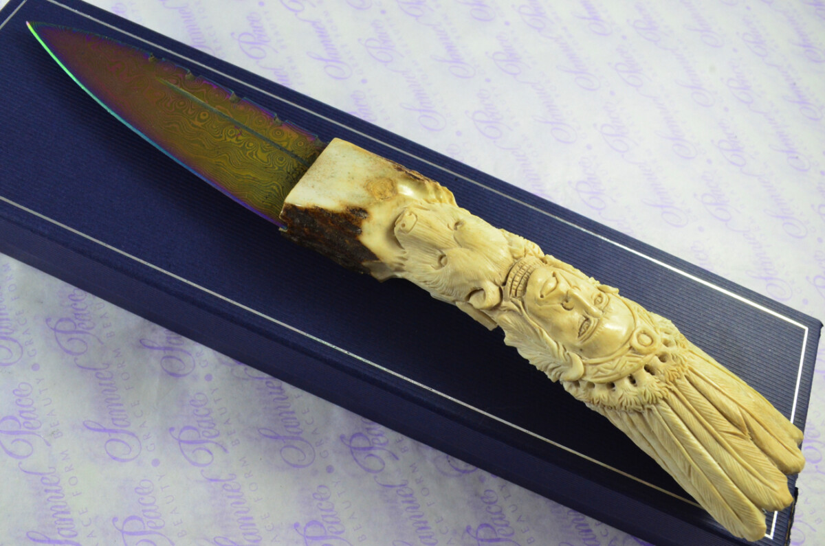 Amazing Bespoke Hand Carved American Indian Stag Horn Antler Handle Sgian Dubh Heat Treated Damascus Blade Sheffield England