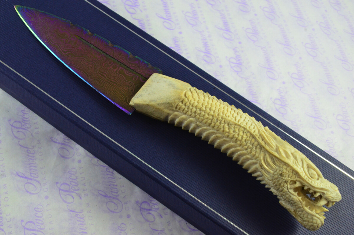 Amazing Bespoke Hand Chinese Dragon Stag Horn Antler Handle Sgian Dubh Heat Treated Damascus Blade Sheffield England