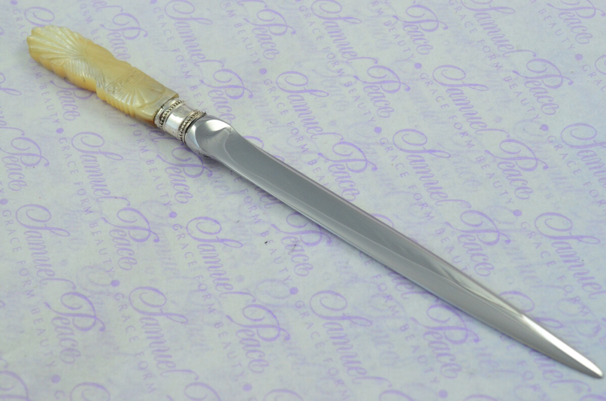 John Yates Carved Mother of Pearl Handled Letter Opener Sheffield 1928 Cased - Image 6
