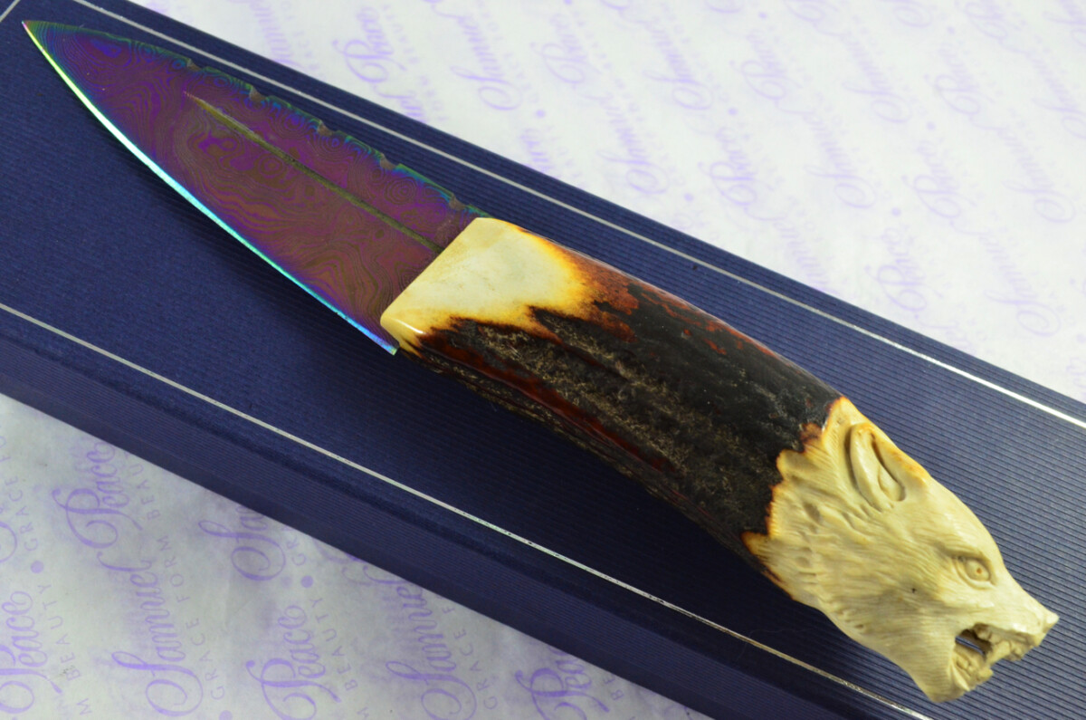 Amazing Bespoke Hand Wolf Stag Horn Antler Handle Sgian Dubh Heat Treated Damascus Blade Sheffield England