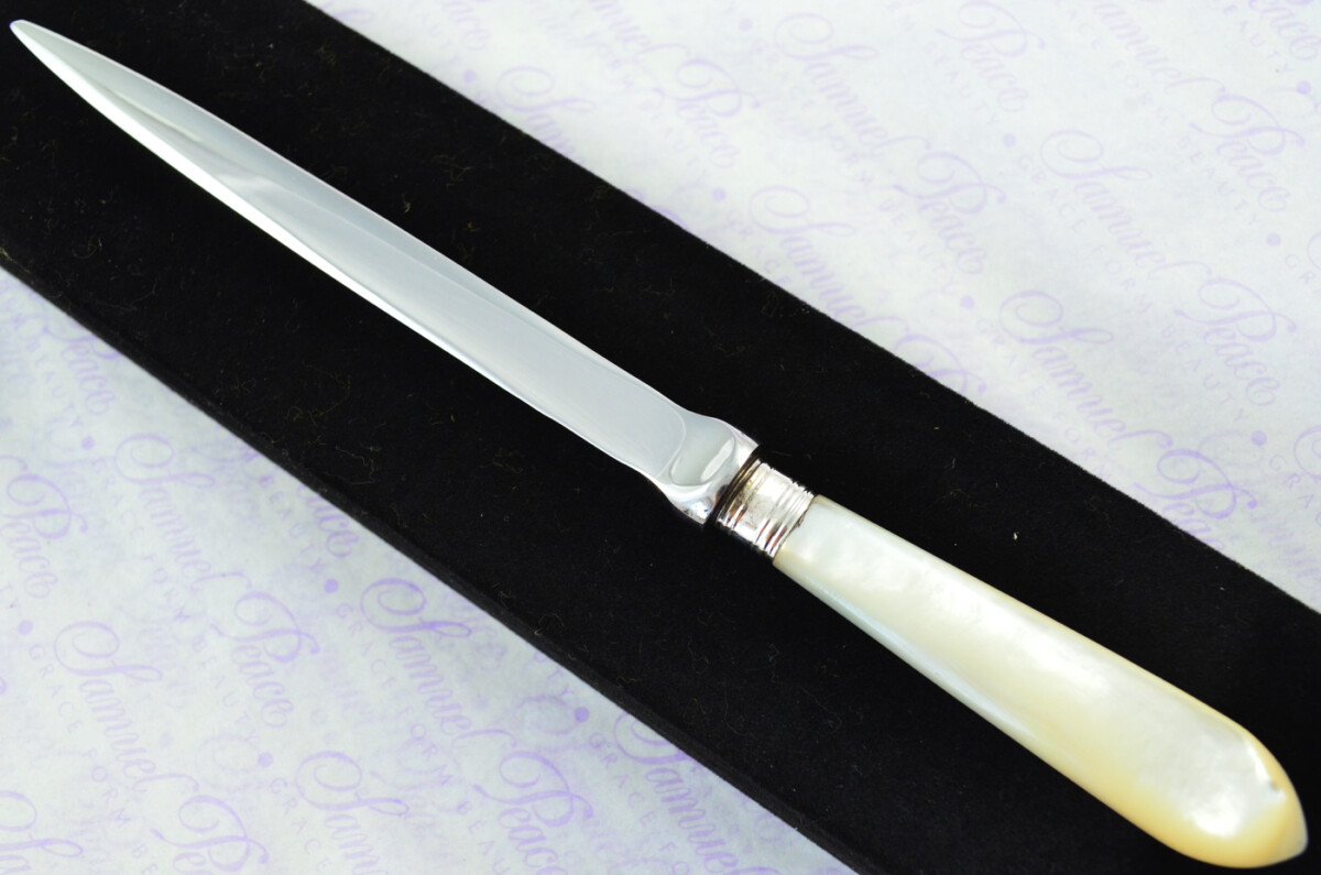 J. A. Scholes Carved Mother of Pearl Handled Letter Opener Sheffield 1915 Cased