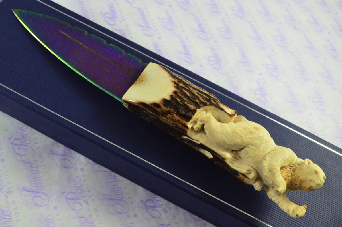 Amazing Bespoke Hand Carved Bear Stag Horn Antler Handle Sgian Dubh Heat Treated Damascus Blade Sheffield England