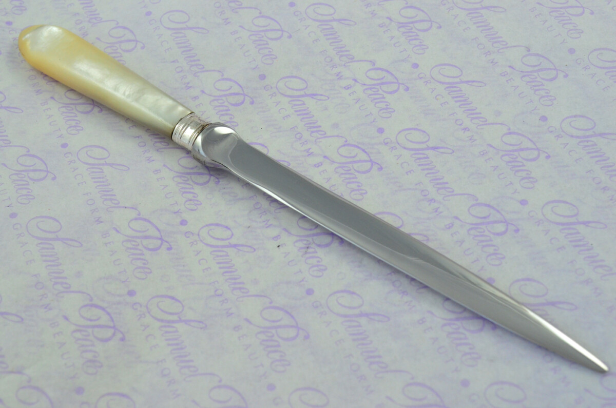 J. A. Scholes Carved Mother of Pearl Handled Letter Opener Sheffield 1915 Cased - Image 6