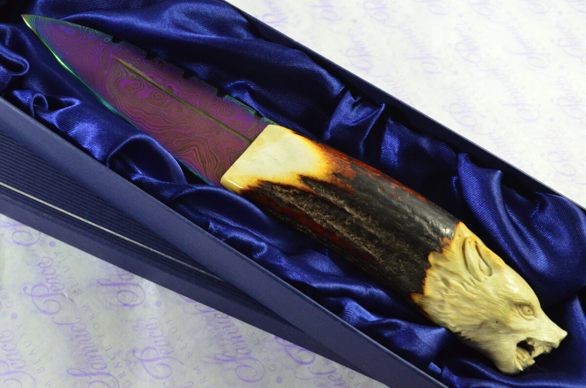 Amazing Bespoke Hand Wolf Stag Horn Antler Handle Sgian Dubh Heat Treated Damascus Blade Sheffield England - Image 2