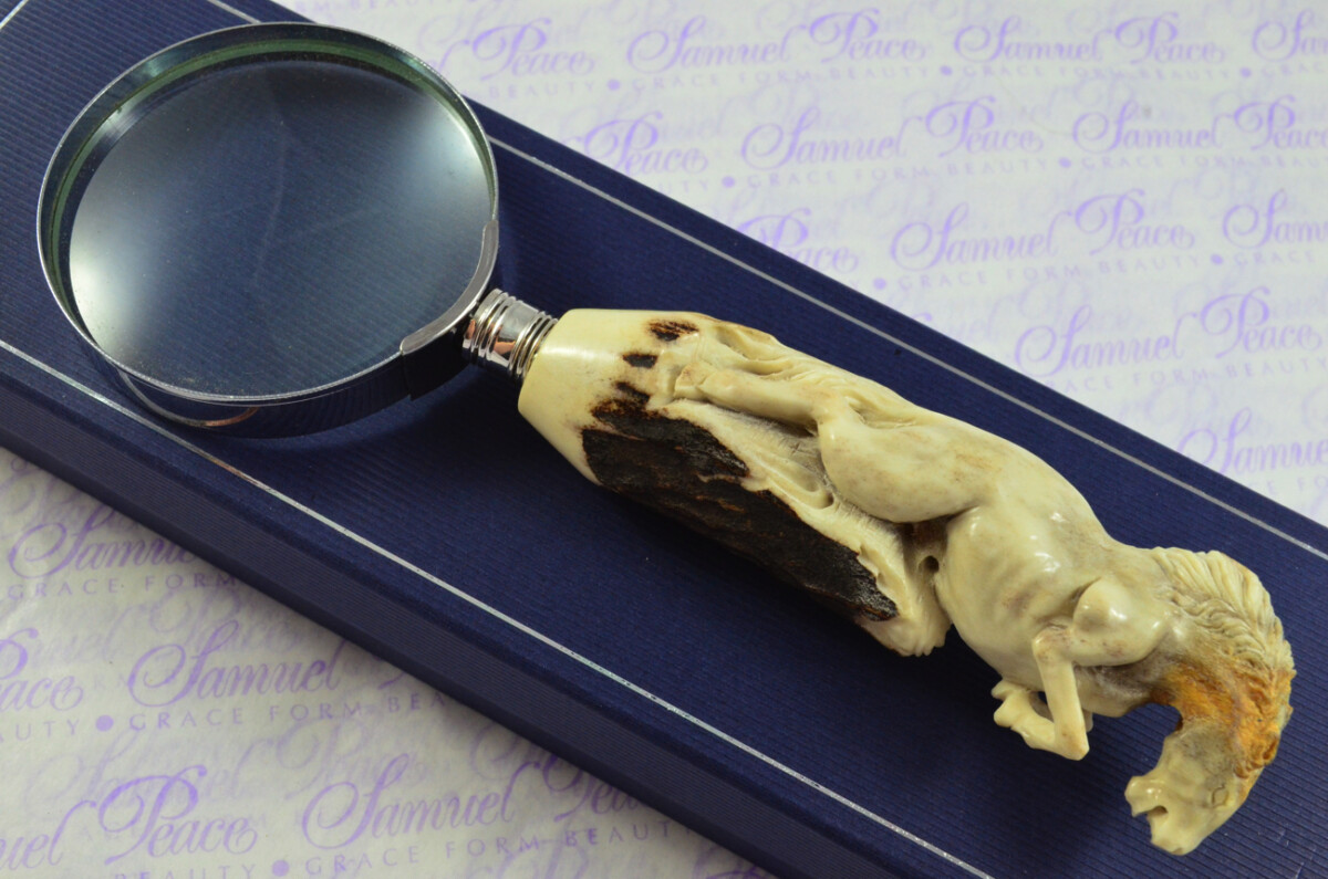 Fantastic Hand Carved Horse Stag Antler Horn Handle Magnifying Glass Silver Ferrule 1909 Made Sheffield England