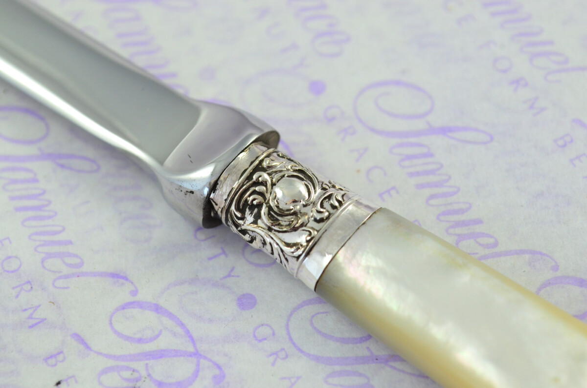 Henry Greaves Carved Mother of Pearl Handled Letter Opener Sheffield 1906 Cased - Image 4