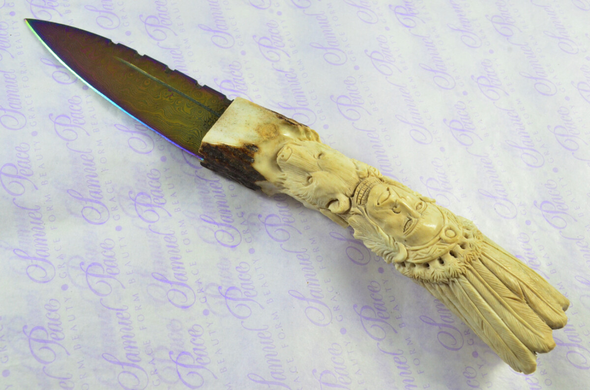 Amazing Bespoke Hand Carved American Indian Stag Horn Antler Handle Sgian Dubh Heat Treated Damascus Blade Sheffield England - Image 9