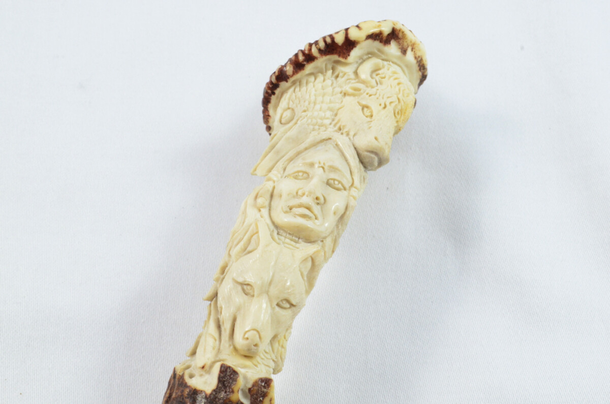 Totem Pole Carved Walking Stick Cane Top Handle Stag Antler Horn Made Sheffield England