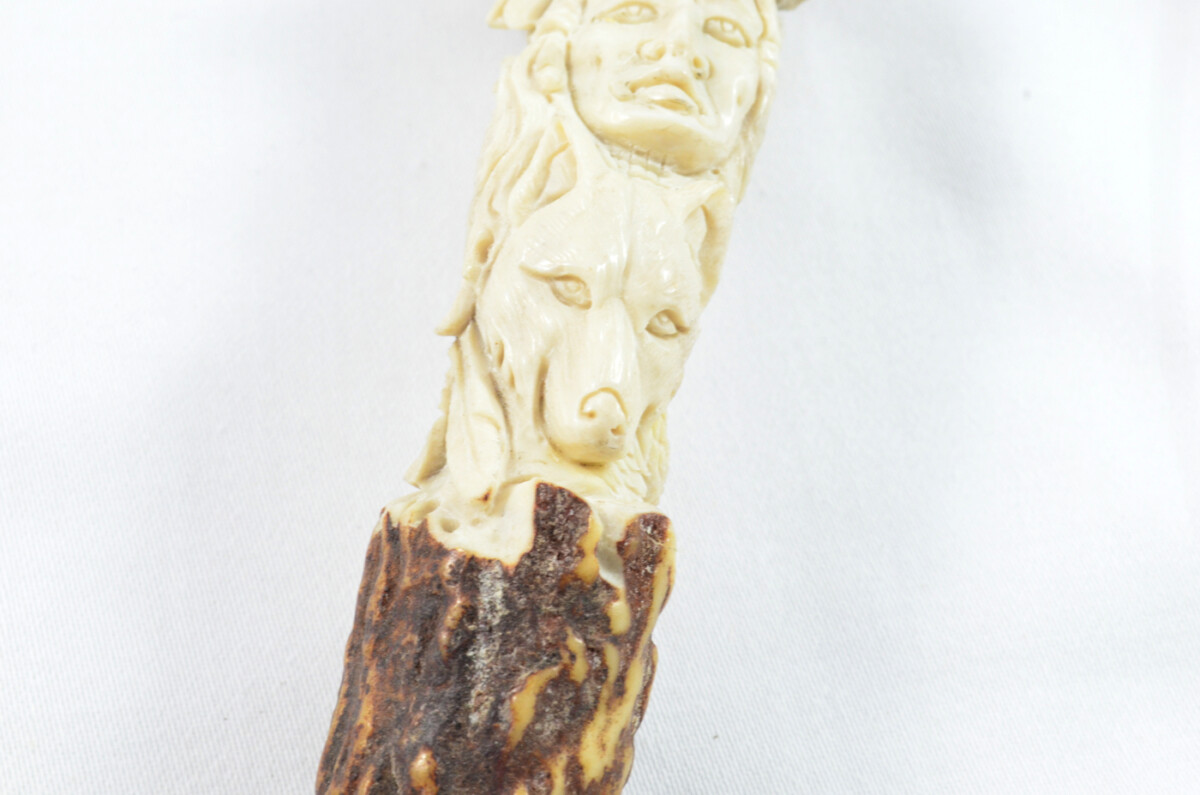 Totem Pole Carved Walking Stick Cane Top Handle Stag Antler Horn Made Sheffield England - Image 3
