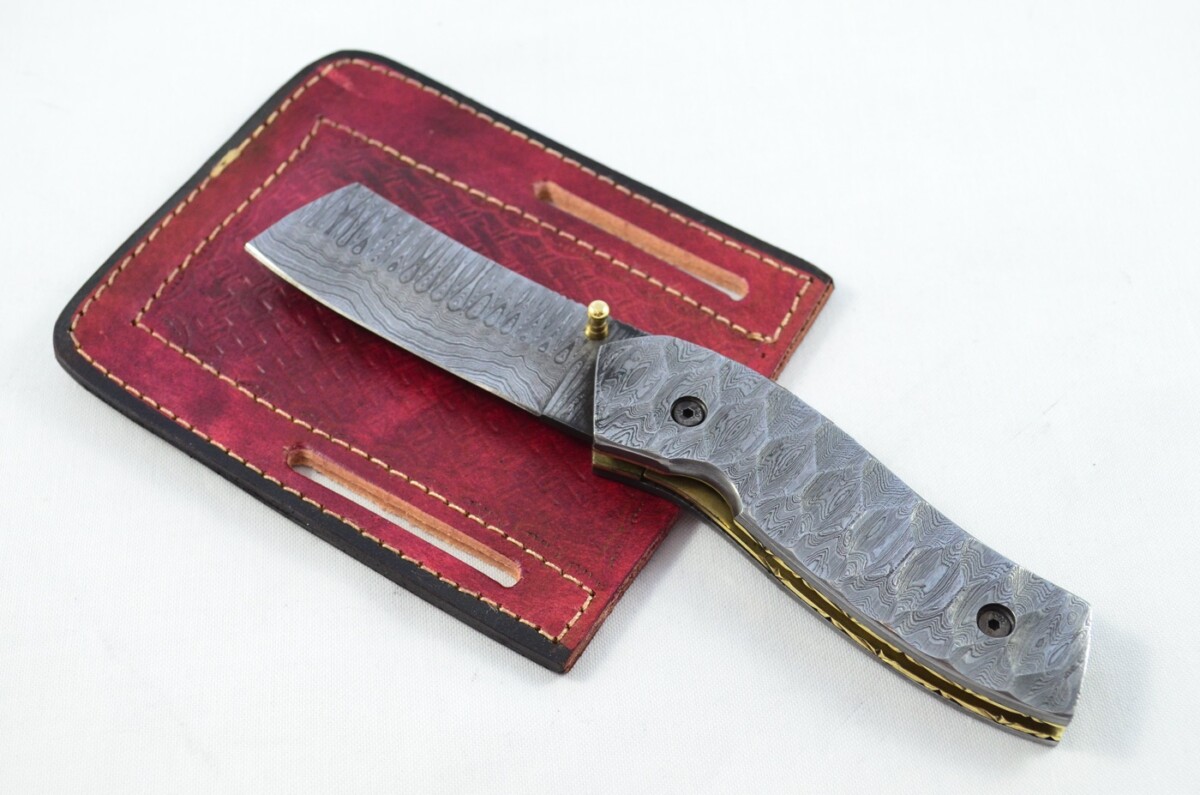 Amazing Full Damascus Bladed and scaled Handled Pen/Pocket Tool With Leather Sheath