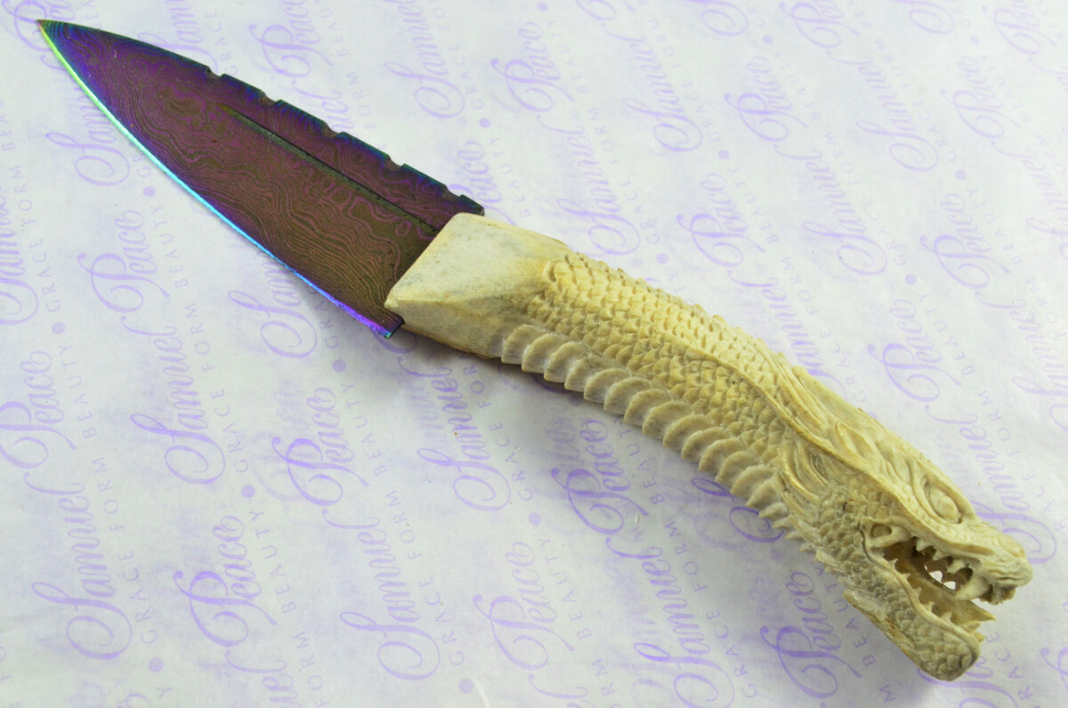 Amazing Bespoke Hand Chinese Dragon Stag Horn Antler Handle Sgian Dubh Heat Treated Damascus Blade Sheffield England - Image 3