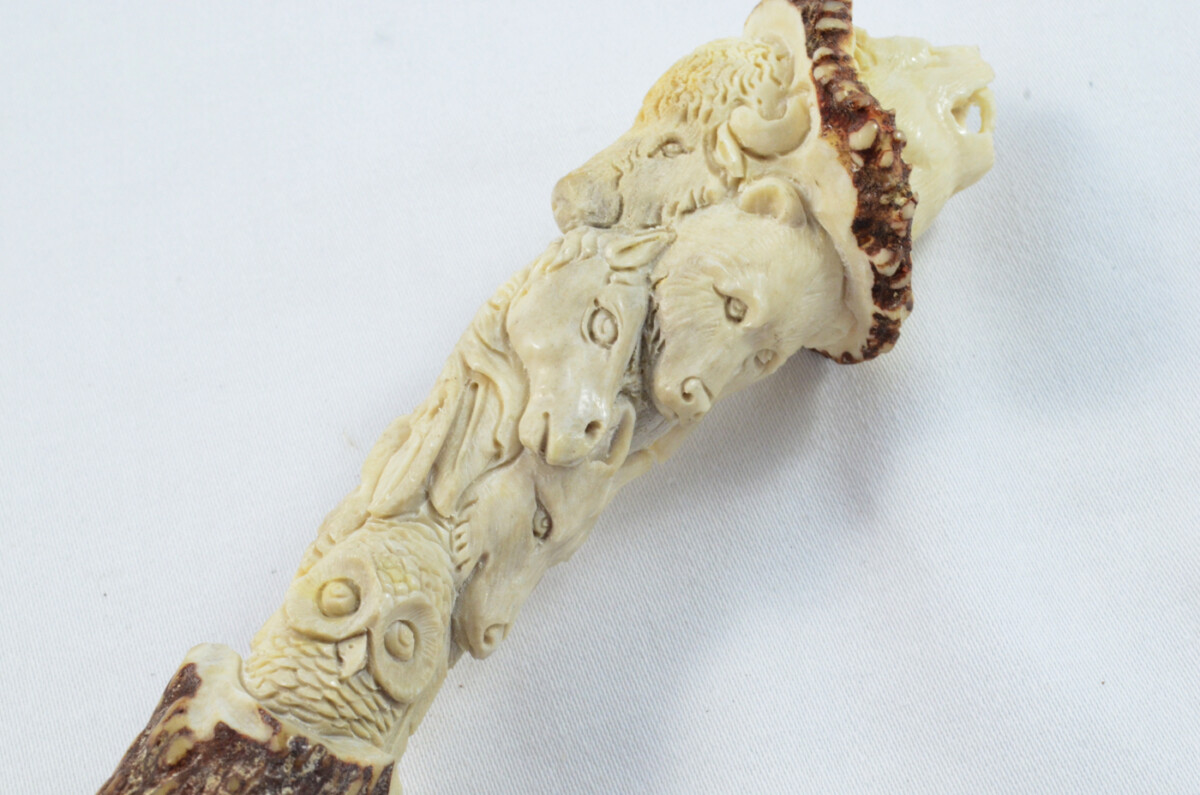 Totem Pole Carved Walking Stick Cane Top Handle Stag Antler Horn Made Sheffield England - Image 10