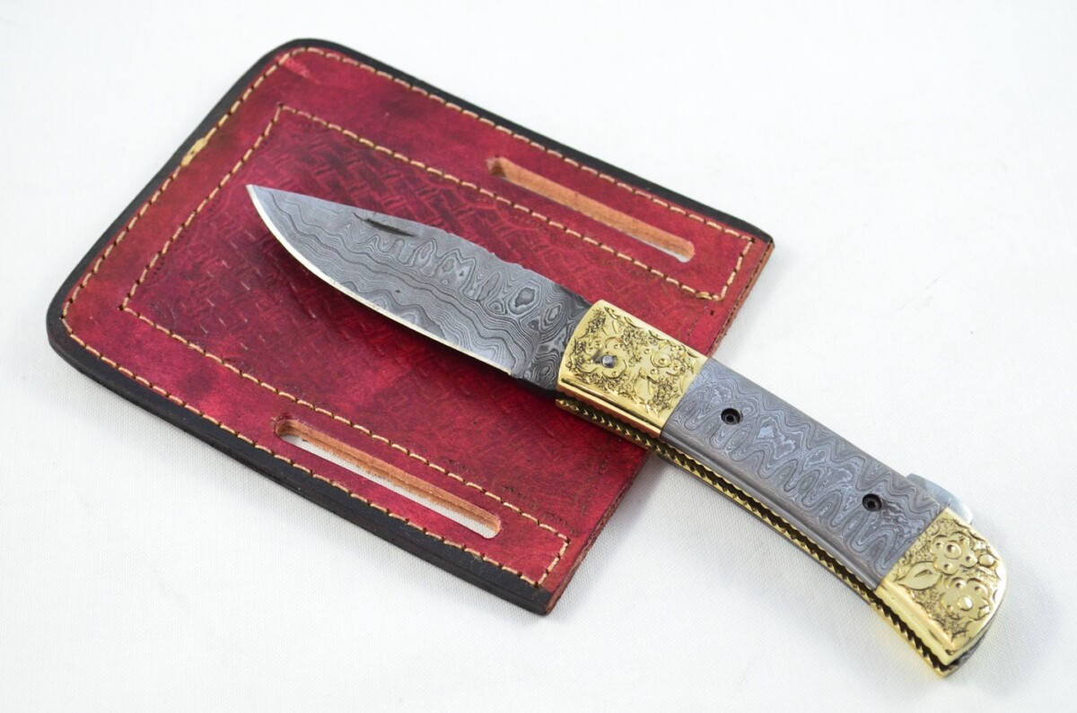 Brass Tip & Toe Full Damascus Bladed and scaled Handled Pen/Pocket Tool With Leather Sheath