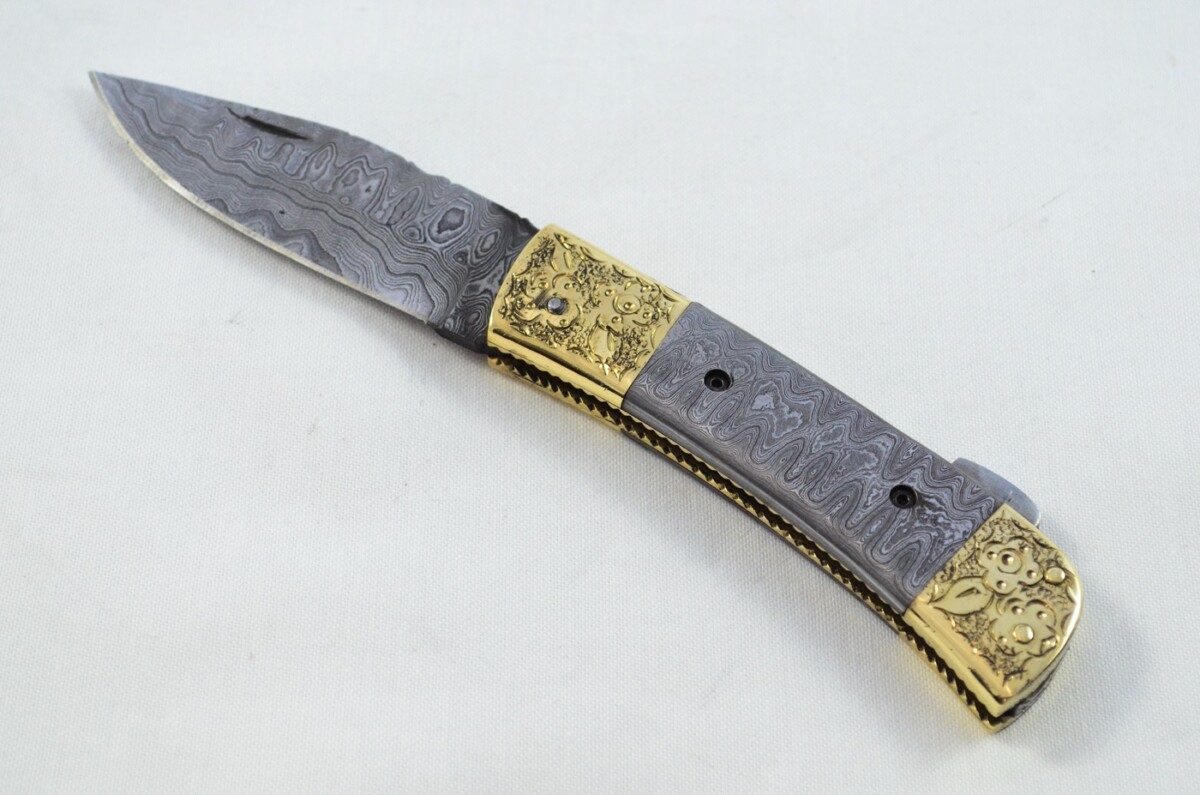 Brass Tip & Toe Full Damascus Bladed and scaled Handled Pen/Pocket Tool With Leather Sheath - Image 2
