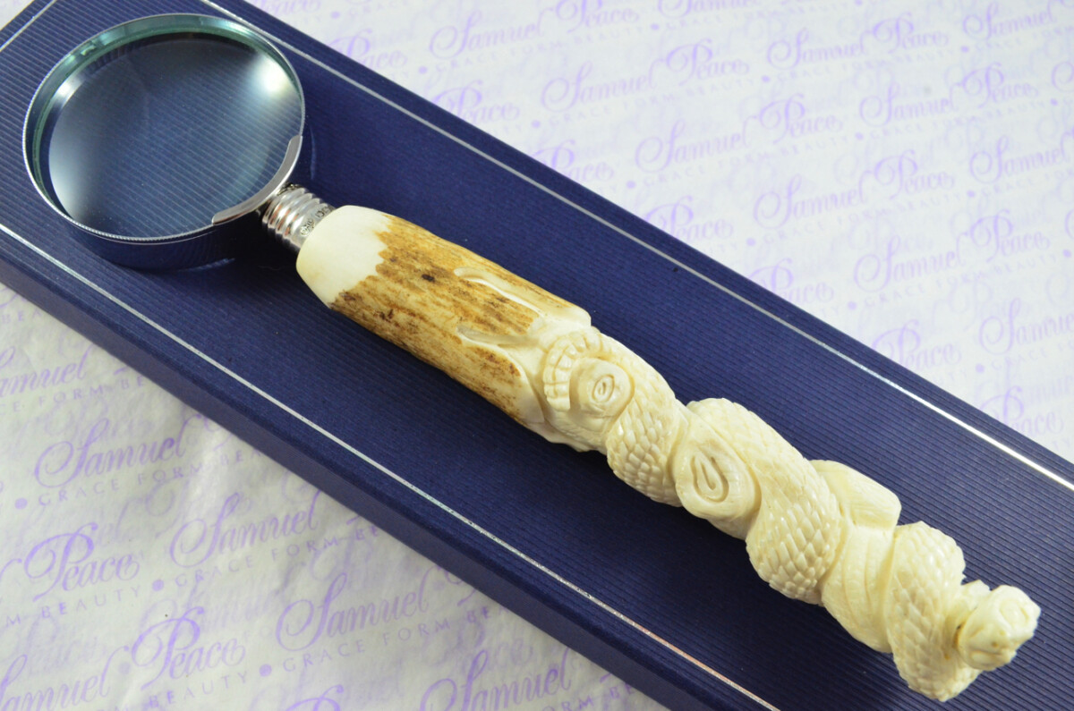 Fantastic Hand Carved Snake Stag Antler Horn Handle Magnifying Glass Silver Ferrule 1928 Made Sheffield England