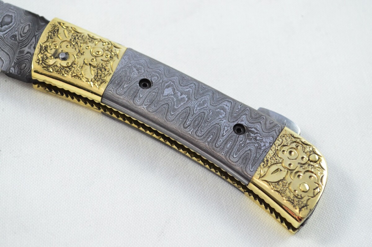 Brass Tip & Toe Full Damascus Bladed and scaled Handled Pen/Pocket Tool With Leather Sheath - Image 3
