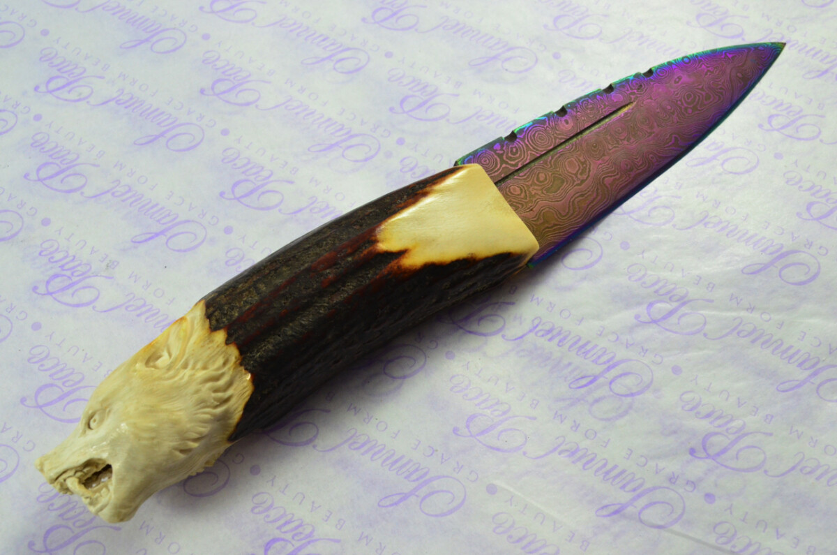 Amazing Bespoke Hand Wolf Stag Horn Antler Handle Sgian Dubh Heat Treated Damascus Blade Sheffield England - Image 6