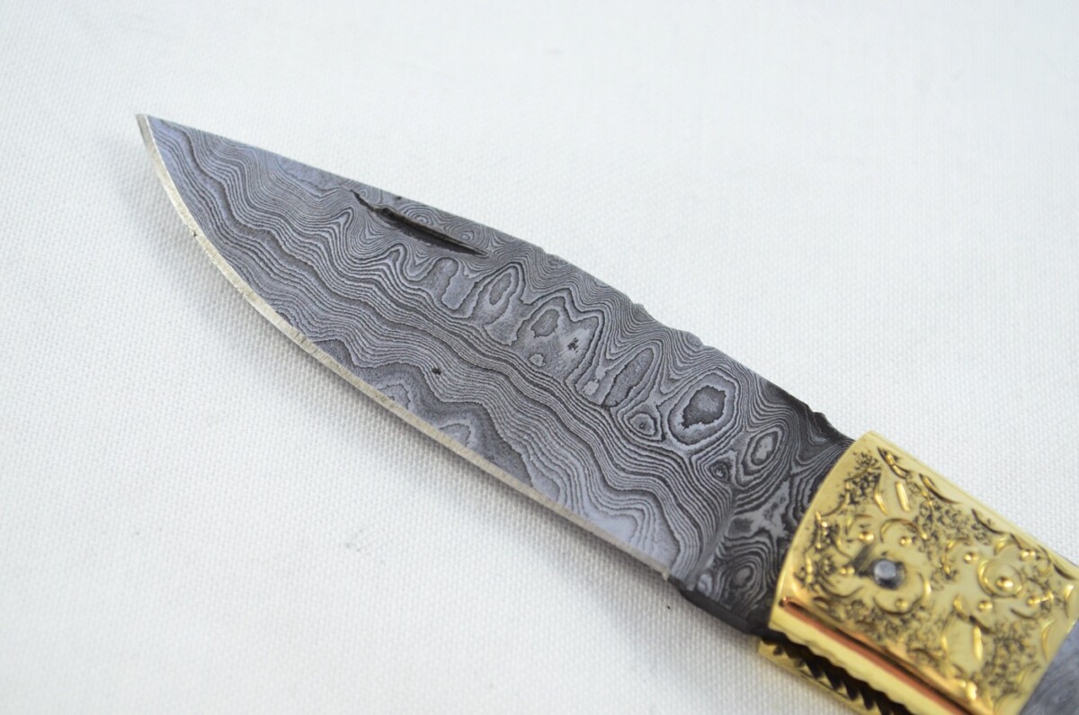 Brass Tip & Toe Full Damascus Bladed and scaled Handled Pen/Pocket Tool With Leather Sheath - Image 4