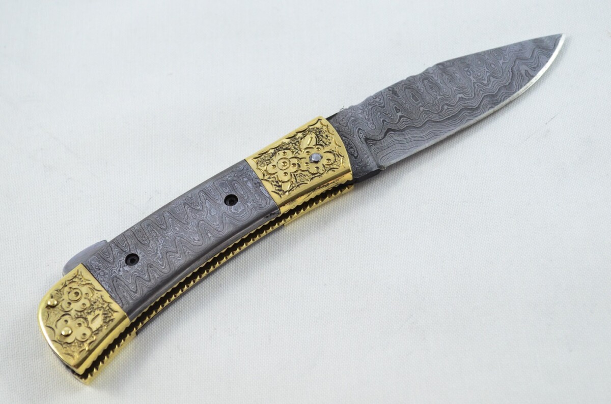 Brass Tip & Toe Full Damascus Bladed and scaled Handled Pen/Pocket Tool With Leather Sheath - Image 5