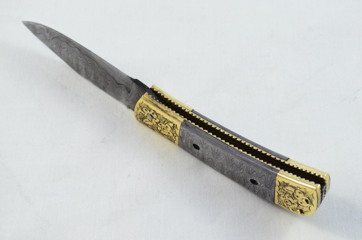 Brass Tip & Toe Full Damascus Bladed and scaled Handled Pen/Pocket Tool With Leather Sheath - Image 6
