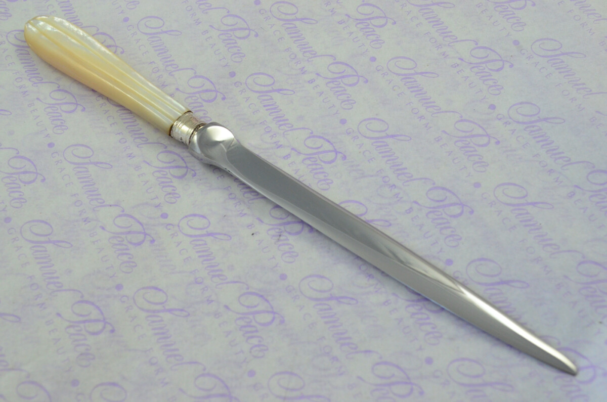 J. A. Scholes Carved Mother of Pearl Handled Letter Opener Sheffield 1915 Cased - Image 6