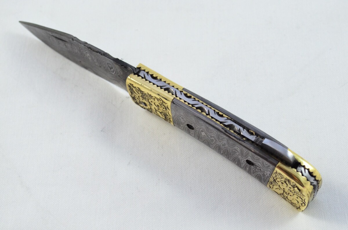 Brass Tip & Toe Full Damascus Bladed and scaled Handled Pen/Pocket Tool With Leather Sheath - Image 7