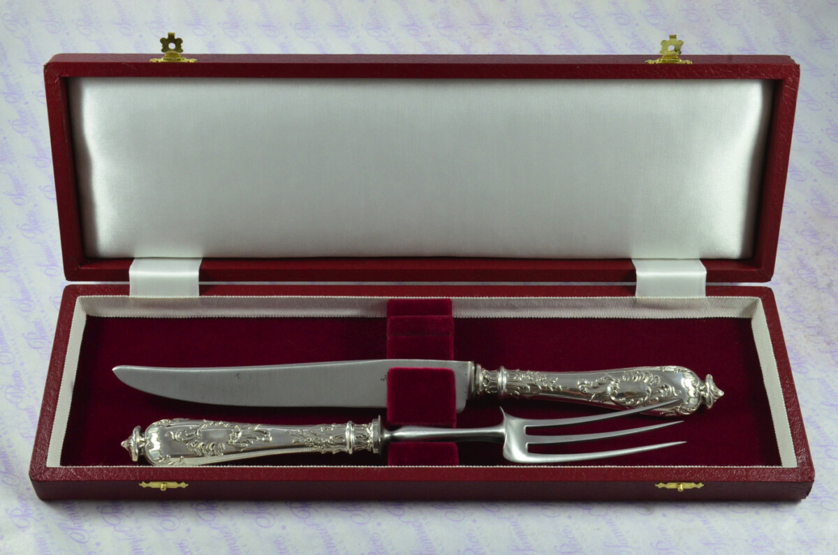 Immaculate Cased French Silver 2 Piece Carving Set Designed by Leonie Lambert Made in Paris