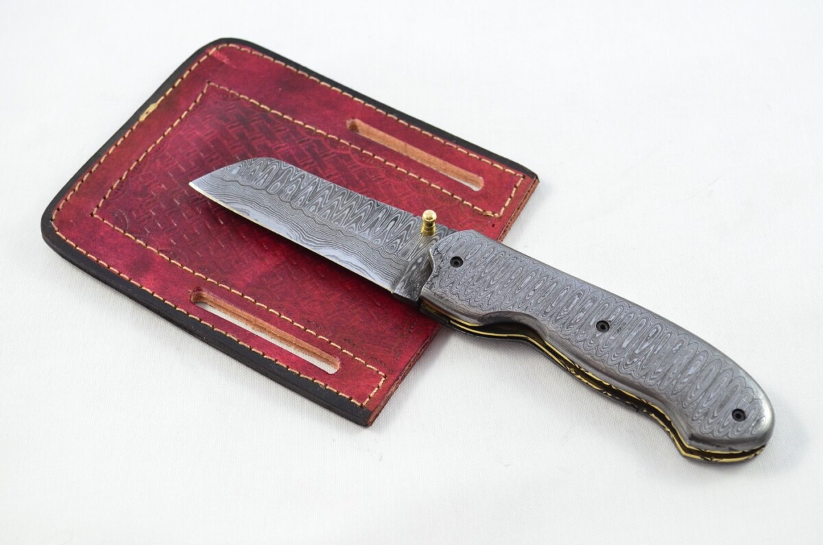 Ladder Pattern Full Damascus Bladed and scaled Handled Pen/Pocket Tool With Leather Sheath