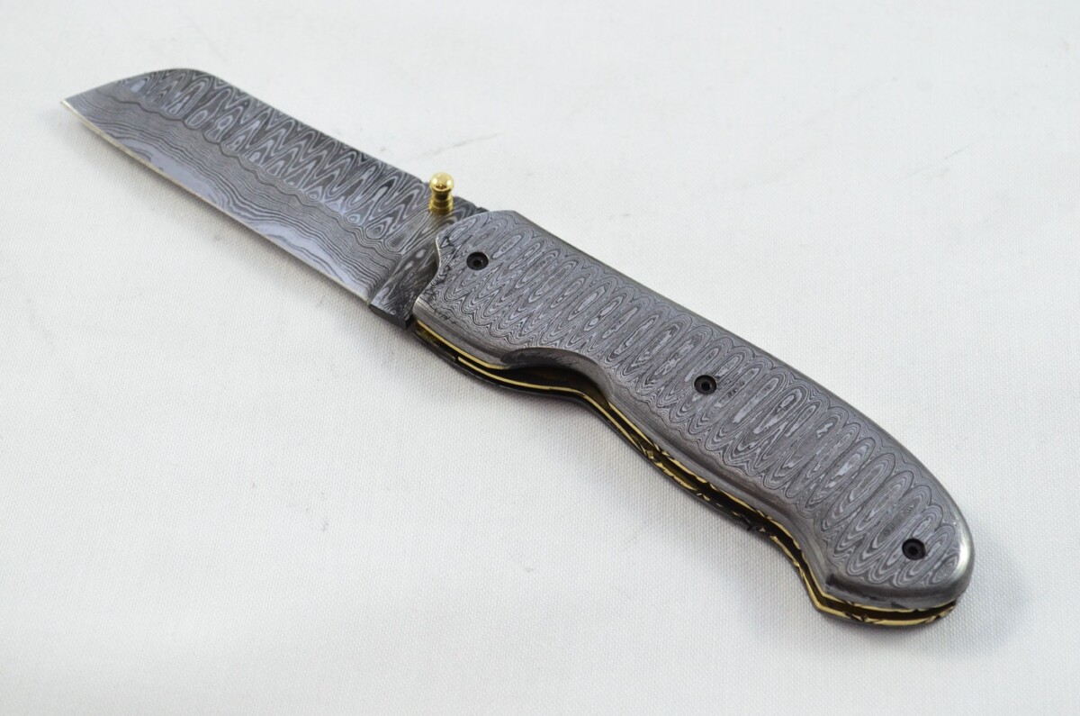 Ladder Pattern Full Damascus Bladed and scaled Handled Pen/Pocket Tool With Leather Sheath - Image 2